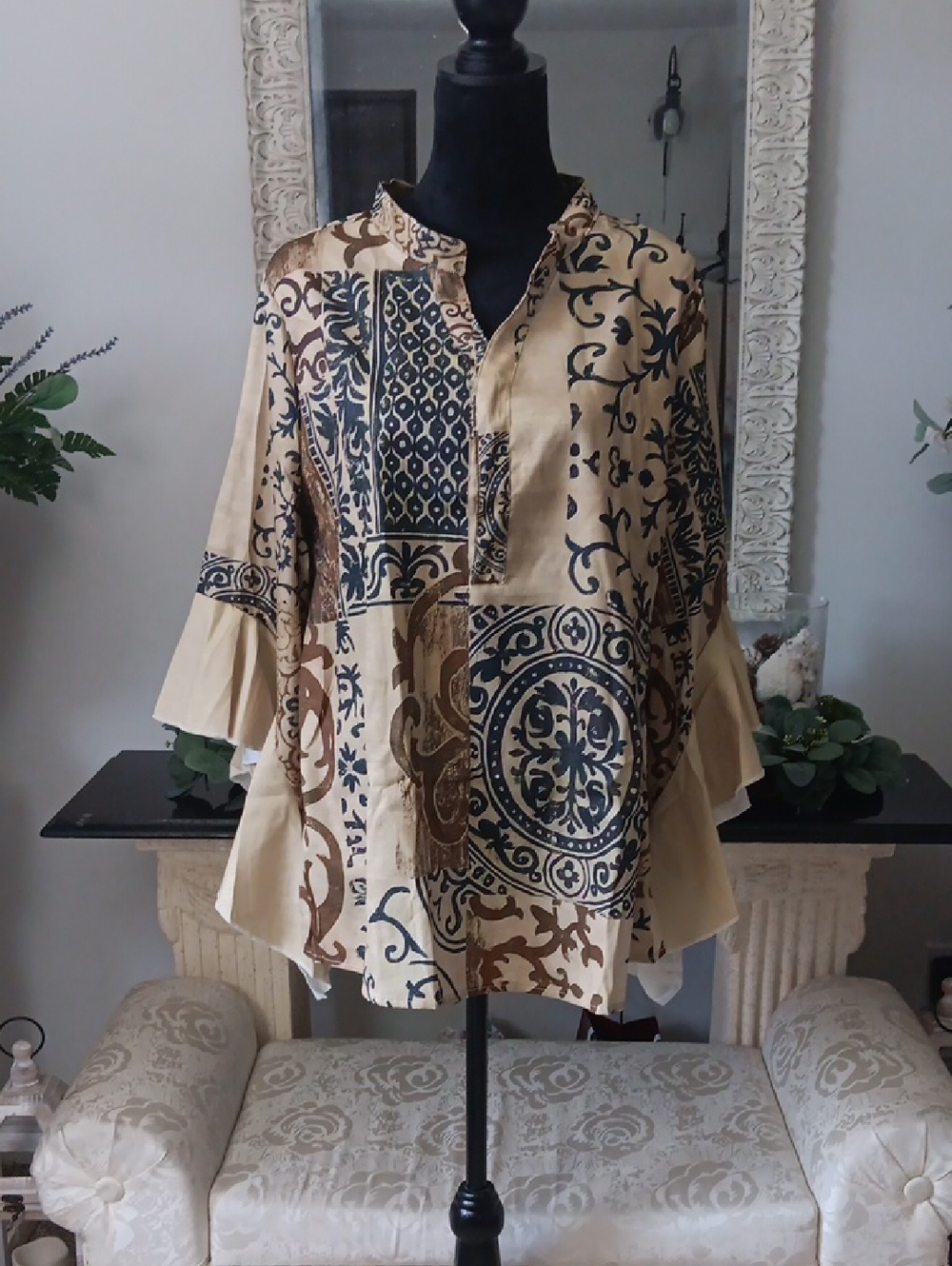 Boho Printed Tunic Blouse in Beige and Navy